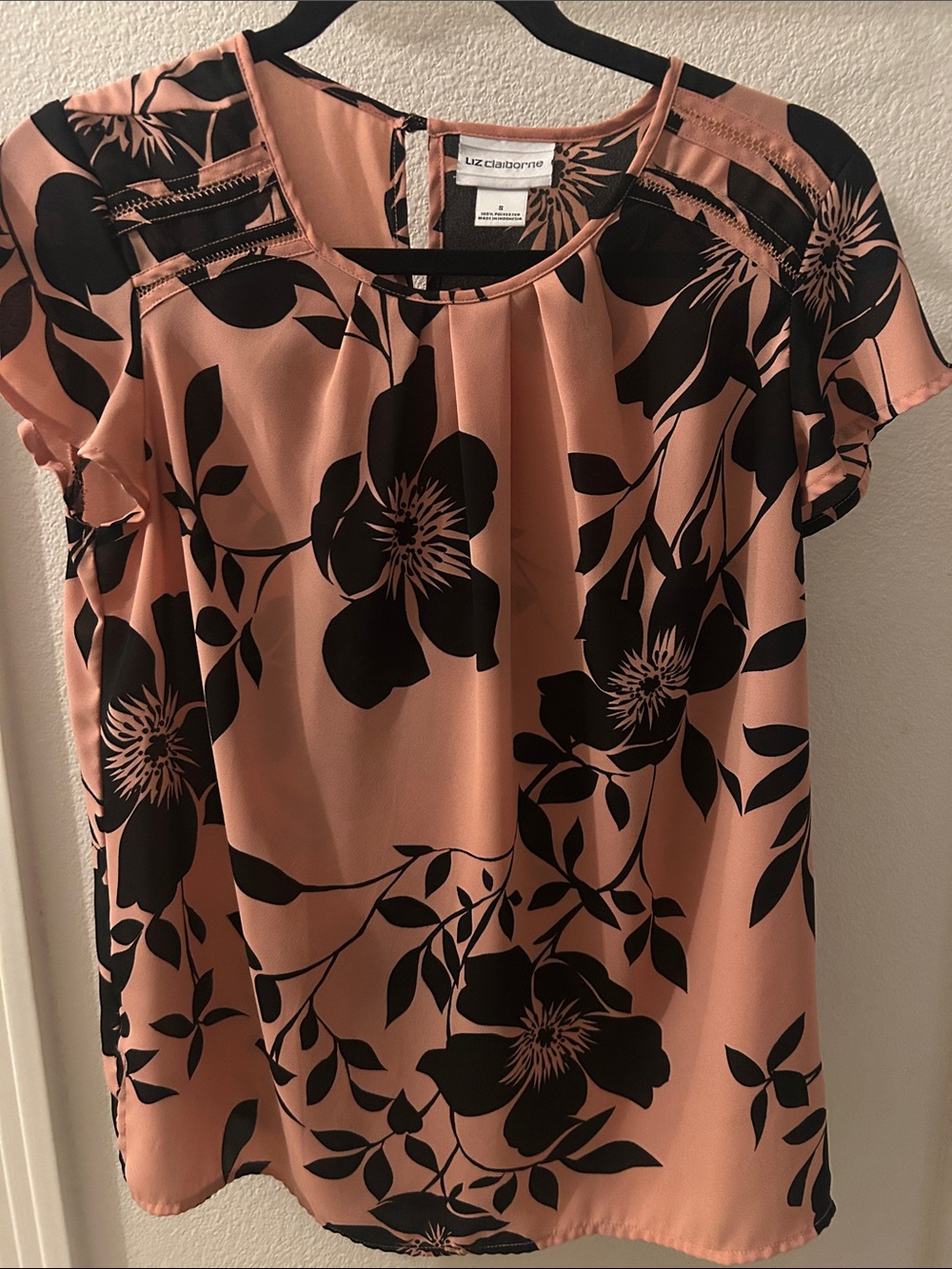 Liz Claiborne Peach-Pink Blouse with Black Floral Print
